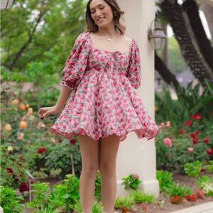 Floral Puff-Sleeve Mini Dress in Pink